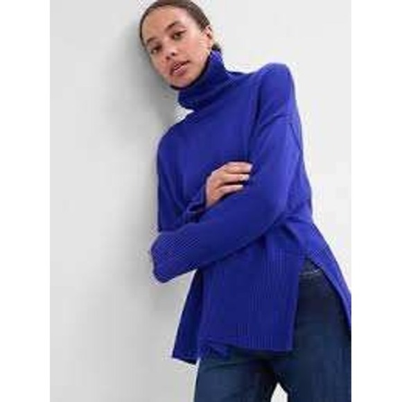 GAP Sweaters - GAP Relaxed Fit Cotton 24/7 Split Hem Turtleneck Sweater Blue XL Oversized Boxy